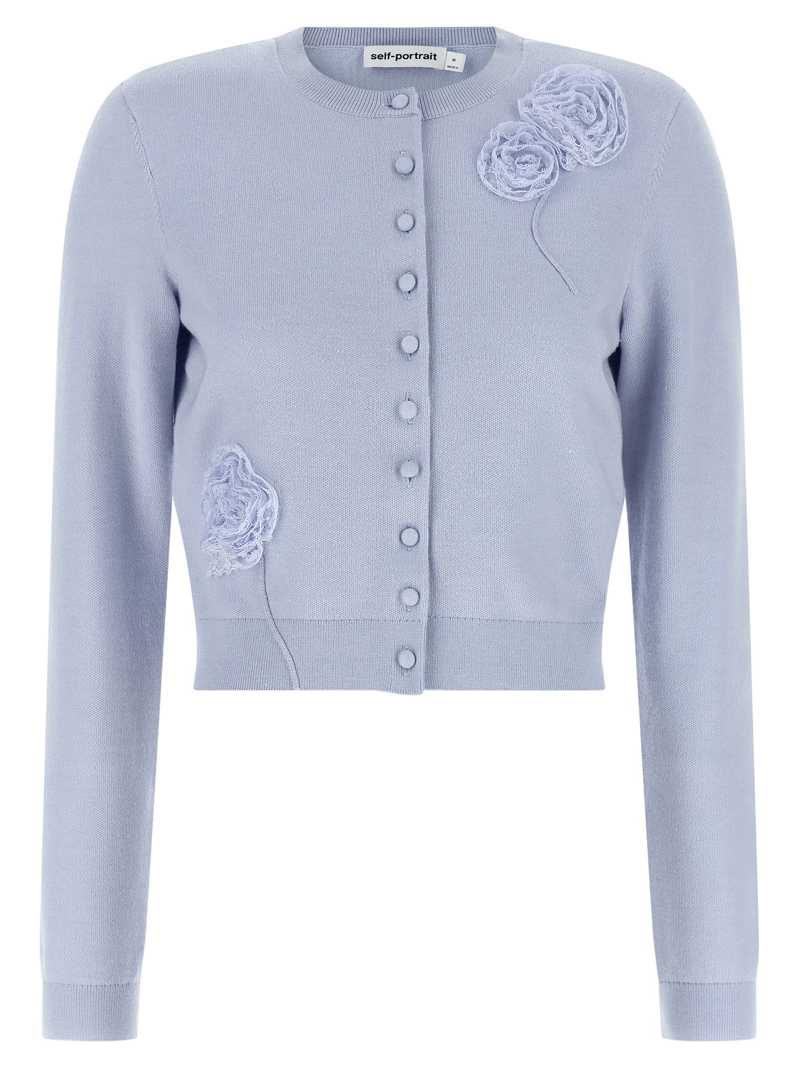 Cardigan by Self-Portrait for women in polyamide polyester silk & wool light-blue showcases a captivating silhouette, artfully detailed with a captivating long-sleeve and crew neckline for a truly sophisticated captivating look.