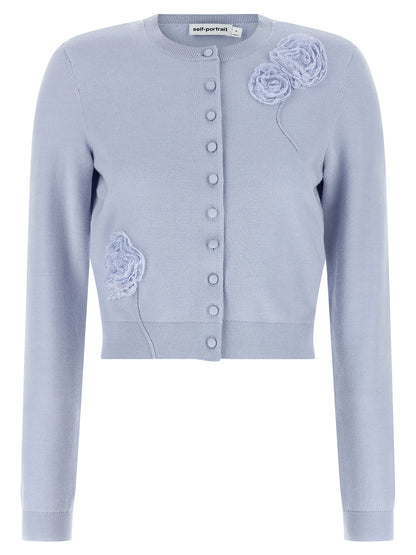 Cardigan by Self-Portrait for women in polyamide polyester silk & wool light-blue showcases a captivating silhouette, artfully detailed with a captivating long-sleeve and crew neckline for a truly sophisticated captivating look.