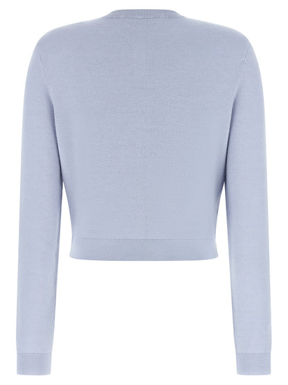 Cardigan by Self-Portrait for women in polyamide polyester silk & wool light-blue showcases a luxurious silhouette, meticulously detailed with a sophisticated crew neckline and for a refined finish.