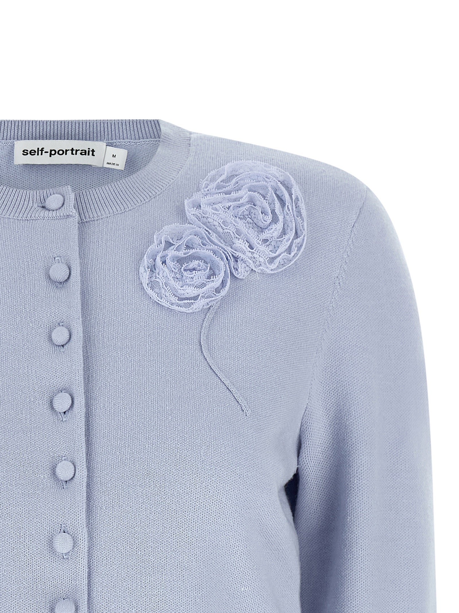 Cardigan by Self-Portrait for women in polyamide polyester silk & wool light-blue features a nuanced silhouette with a refined crew neckline and nuanced detailing for a sophisticated look.
