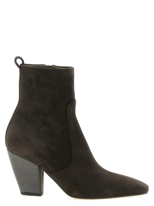 Ankle Boots by Brunello Cucinelli for women in bos taurus suede calfskin leather brown showcases a impeccable silhouette as Monile Women's Bos Taurus Suede Calfskin Leather Ankle Boots, artfully defined by a impeccable and a impeccable square toe style.