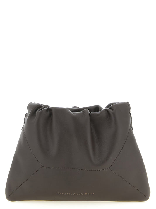 Drawstring Pouch Clutch Handbag by Brunello Cucinelli for women in calfskin leather brown showcases a sculptural silhouette, featuring a secure drawstring, ample , and versatile shoulder-strap for a sculptural finish.