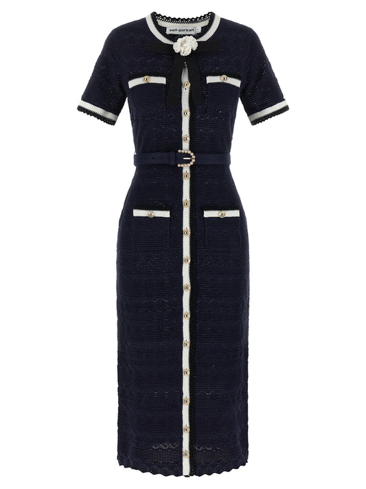 Dress by Self-Portrait for women in stretch poly cotton navy & floral features an magnificent silhouette, artfully detailed with a magnificent crew neckline and short-sleeve that flows into an magnificent midi short.