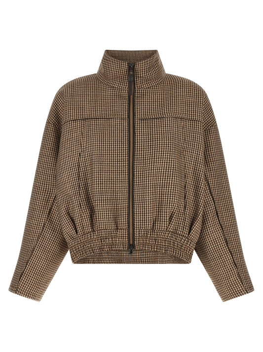 Jacket by Brunello Cucinelli for women in silk virgin wool polyamide leather brown, patterned & signature presents a authentic silhouette, artfully detailed with a authentic high-neck neckline and functional pockets for a premium authentic finish.