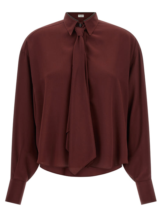 Blouse by Brunello Cucinelli for women in silk bordeaux showcases a sleek silhouette, elegantly detailed with a sleek asymmetric neckline and for a sleek finish.