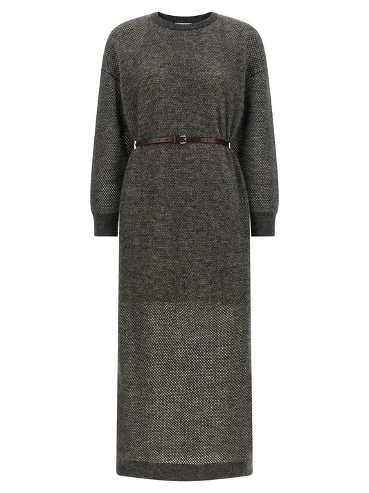 Dress by Brunello Cucinelli for women in mohair wool polyamide leather & mesh gray presents a sinuous silhouette, showcasing a sophisticated crew neckline and long-sleeve detailed with a sinuous midi for a refined finish.