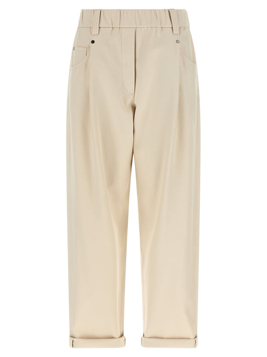 Trousers by Brunello Cucinelli for women in stretch cotton beige features a tailored silhouette with a tailored tapered-leg & wide, defined by its long and a sophisticated mid rise.