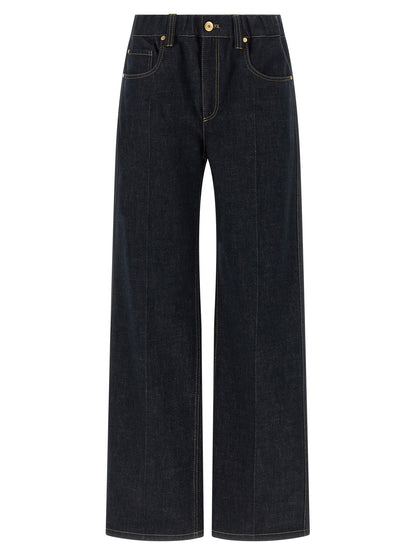 Jeans by Brunello Cucinelli for women in denim cotton blue & signature features an sartorial straight-leg & wide and long with a cut for a sartorial finish.