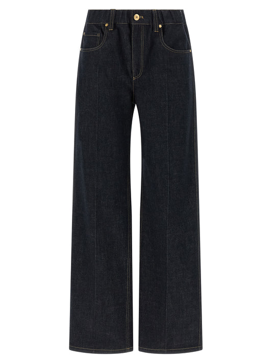 Jeans by Brunello Cucinelli for women in denim cotton blue & signature features an sartorial straight-leg & wide and long with a cut for a sartorial finish.