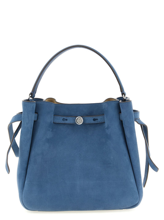 Crossbody Bucket Handbag by Tory Burch for women in nubuck & suede lamb leather blue features a signature silhouette, showcasing a secure snap, magnetic & button and signature with versatile crossbody-strap, shoulder-strap, handle, adjustable-strap & belt-strap for a sophisticated look.