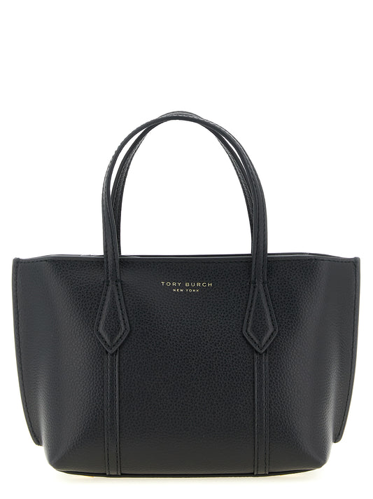 Mini Crossbody Tote Handbag by Tory Burch for women in leather & metal black & gold features a refined silhouette, showcasing a secure zipper, organized , and versatile crossbody-strap, shoulder-strap, handle & adjustable-strap for a refined finish.