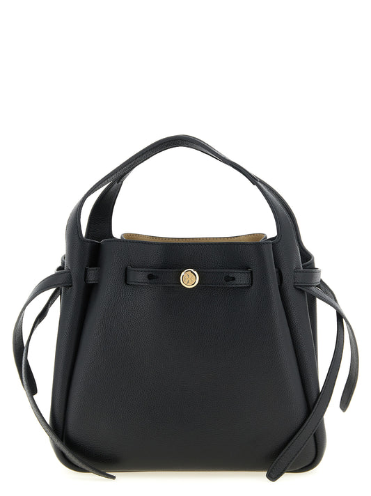 Small Handbag by Tory Burch for women in bos taurus suede calf leather black & signature features a exquisite silhouette, showcasing a secure magnetic and exquisite with versatile shoulder-strap, handle, adjustable-strap & belt-strap for a exquisite finish.