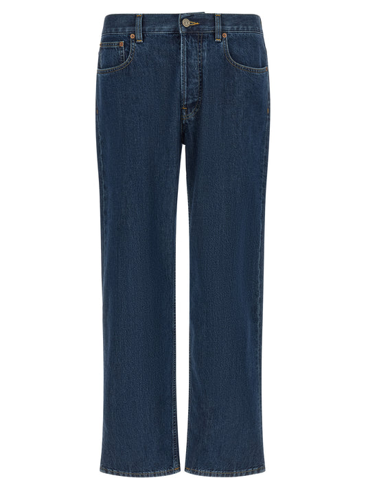 Jeans by Valentino Garavani for men in denim cotton blue & gold features a refined silhouette with a refined straight-leg, defined by a and a refined long for a refined finish.