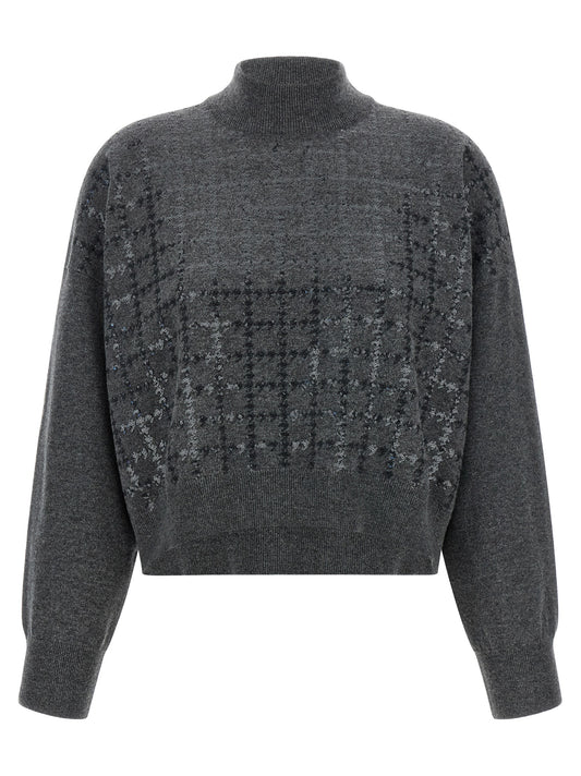 Cardigan by Brunello Cucinelli for women in cashmere & sequins gray & patterned features an impeccable silhouette, showcasing a sophisticated turtle neckline and detail for a truly impeccable finish.