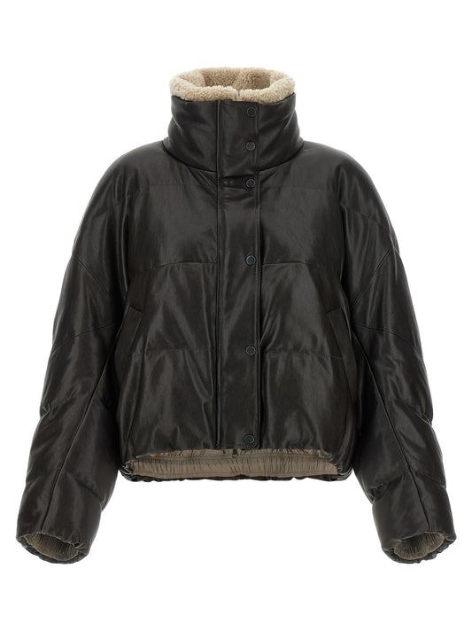 This Jacket by Brunello Cucinelli for women in nylon lamb leather & goose-down brown & signature showcases a magnificent silhouette, meticulously crafted with a distinctive high-neck neckline and functional pockets & insulated for a magnificent finish.