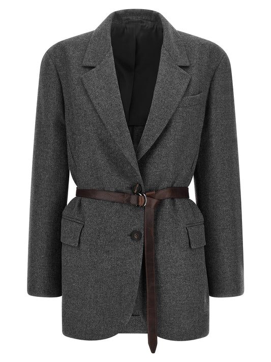 Blazer by Brunello Cucinelli for women in silk cashmere virgin wool gray & horn presents a distinguished silhouette, detailed with a distinguished and distinctive for a truly sophisticated finish.