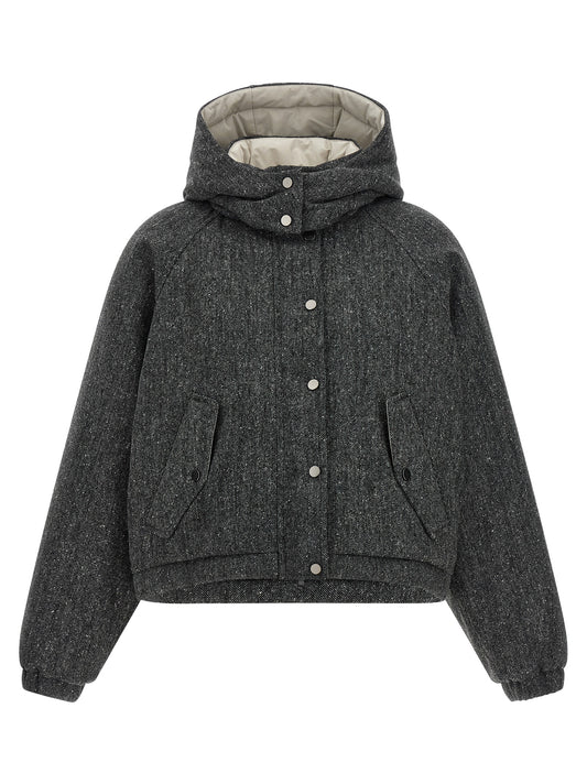Hooded Puffer Jacket by Brunello Cucinelli for women in polyamide & virgin wool gray & patterned presents a effortlessly chic silhouette, showcasing a sophisticated hooded neckline and premium hooded & insulated for a truly effortlessly chic finish.