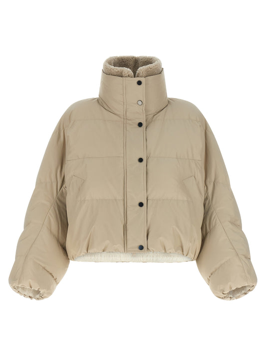 Puffer Jacket by Brunello Cucinelli for women in cotton polyester beige & signature showcases a bohemian silhouette, artfully detailed with a bohemian high-neck neckline and signature breathable-design, pockets & insulated for a truly bohemian finish.