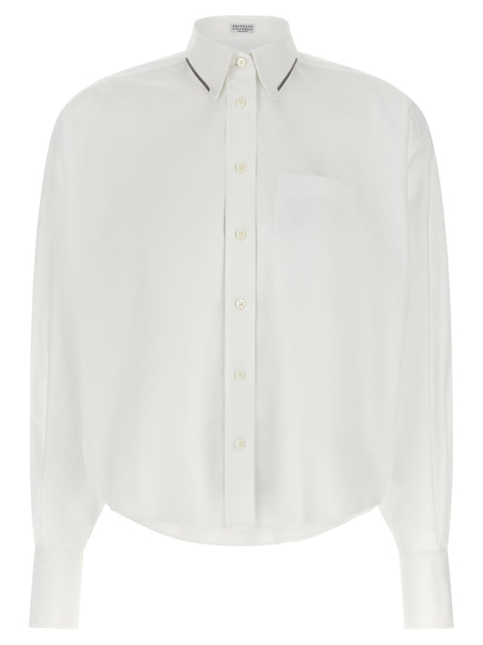 Blouse by Brunello Cucinelli for women in cotton white & signature showcases a sublime silhouette, artfully detailed with a sublime and for a sophisticated, sublime finish.