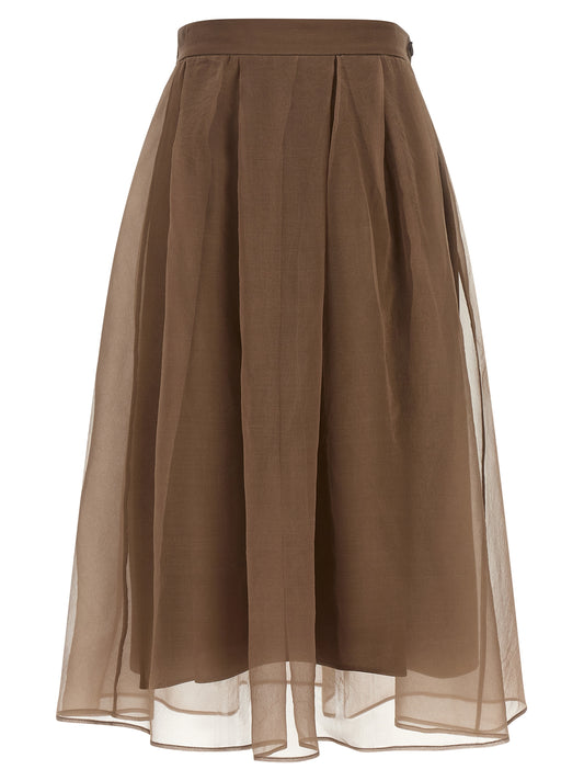 Skirt by Brunello Cucinelli for women in silk crepe brown & transparent features an relaxed-yet-refined silhouette that elegantly showcases the Women's Circle Flared Silk Crepe Skirt design and sophisticated midi.
