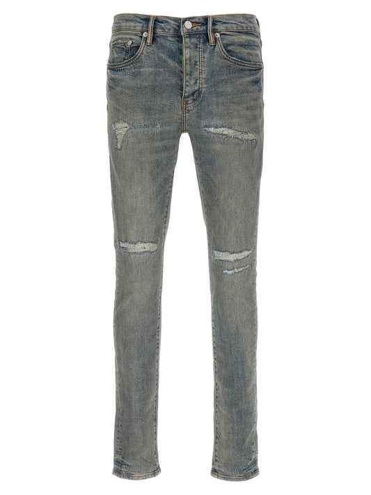 Jeans by PURPLE for men in stretch denim cotton light-blue, purple & signature features a polished silhouette with a polished slim, reaching a polished long and finished with a polished low rise.