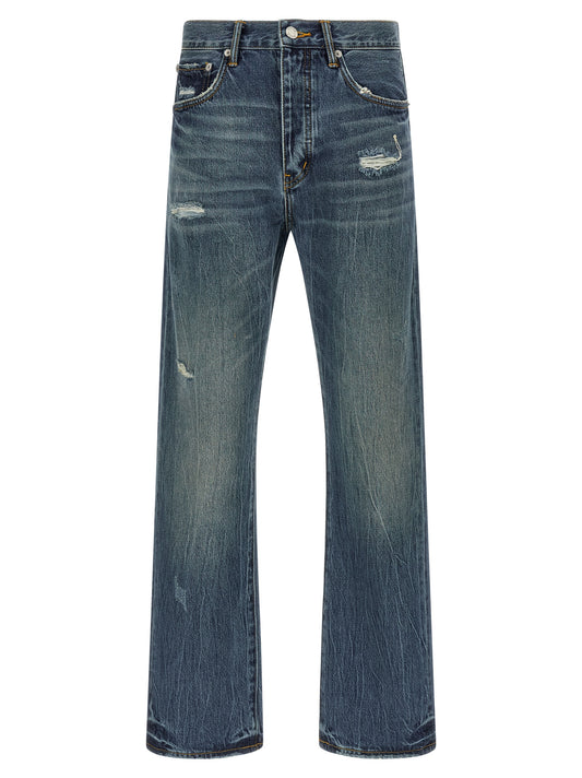 Jeans by PURPLE for men in cotton denim blue & purple presents a refined pantology silhouette, artfully defined by a refined pantology straight-leg, long, and a sophisticated .