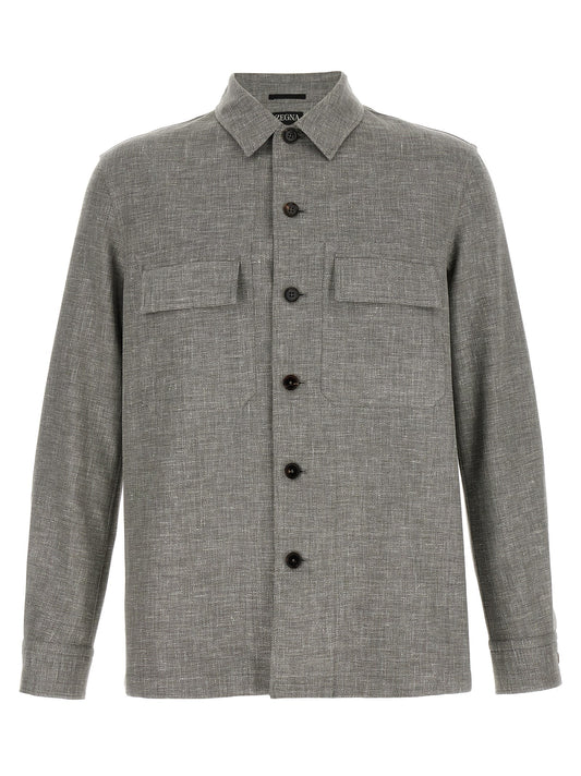 Overshirt by ZEGNA for men in silk linen polyamide leather beige & horn, featuring a nuanced and nuanced for a sophisticated finish.