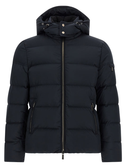 Hooded Bomber Jacket by MooRER for men in goose-down & cashmere blue presents a effortlessly chic silhouette, showcasing a sophisticated hooded high-neck neckline and premium windproof, hooded & insulated for a truly effortlessly chic finish.