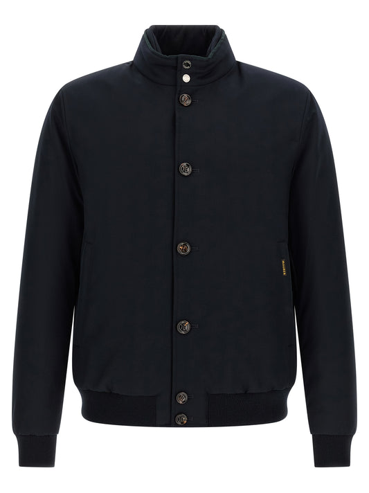 Bomber Jacket by MooRER for men in cashmere blue & horn features an contemporary silhouette, showcasing a sophisticated high-neck neckline and contemporary water-resistant, windproof & insulated for a truly refined look.
