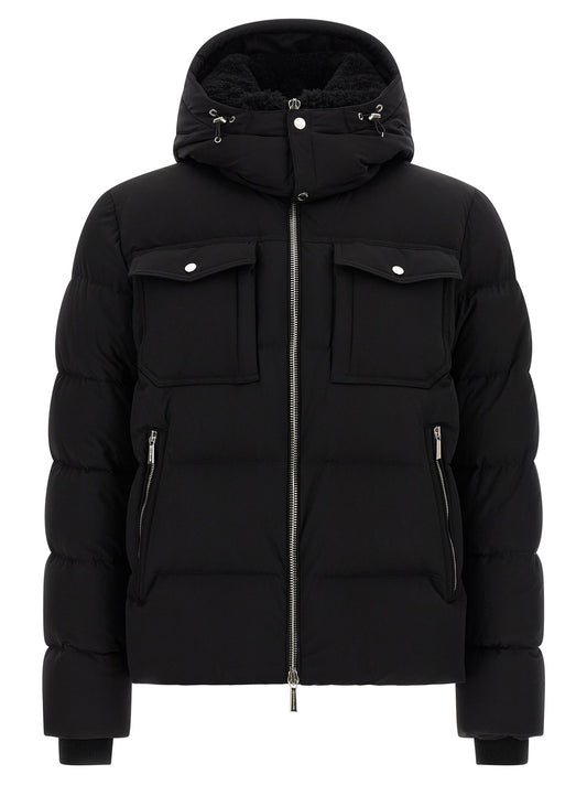 Hooded Bomber Jacket by MooRER for men in goose-down & cashmere black features an contemporary silhouette, showcasing a sophisticated hooded neckline and contemporary pockets, hooded & insulated for a truly refined look.