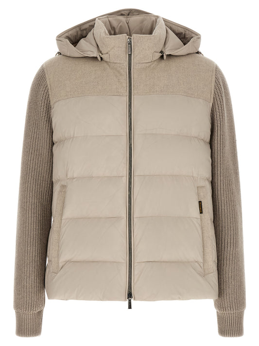 Hooded Overcoat by MooRER for men in cashmere wool flannel & goose-down beige features an voluminous silhouette, showcasing distinct pockets, hooded & insulated and a voluminous hooded neckline for a truly voluminous aesthetic.