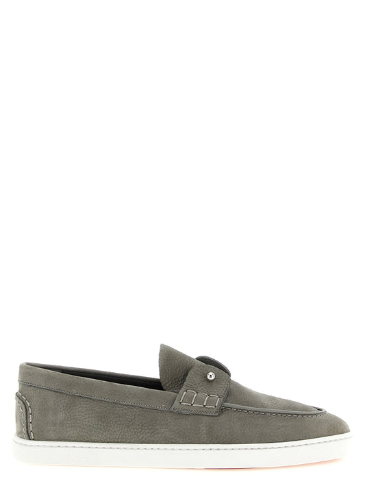 Loafer Slip-On Shoes by Christian Louboutin for men in nubuck calfskin leather gray features an effortless chic silhouette, showcasing the De Poudre Men's Nubuck Calfskin Leather Loafer Slip-On Shoes design with an effortless chic and a for a effortless chic look.