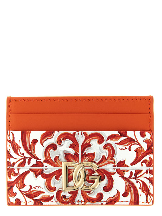 Cardholder Card Case by Dolce & Gabbana for women in calfskin leather orange, signature & print features a sleek silhouette, showcasing the sleek design of the Maiolica Calfskin Leather Cardholder Card Case with functional card-organization for a premium look.