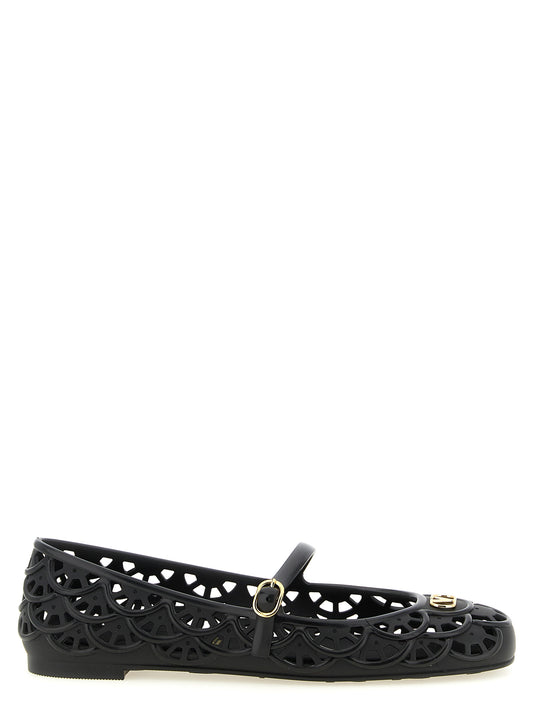 Ballet Flat Shoes by Valentino Garavani for women in pvc black, patterned & signature presents a impeccable silhouette as V Logo Women's PVC Ballet Flat Shoes, artfully designed with a and a impeccable for a refined, upscale finish.