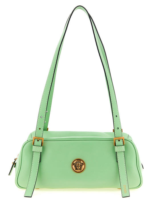 Shoulder Bowling Bag by Versace for women in polyester & cotton bicolour & green features a statuesque silhouette, showcasing a secure zipper and statuesque with versatile shoulder-strap, adjustable-strap & handle for a statuesque finish.