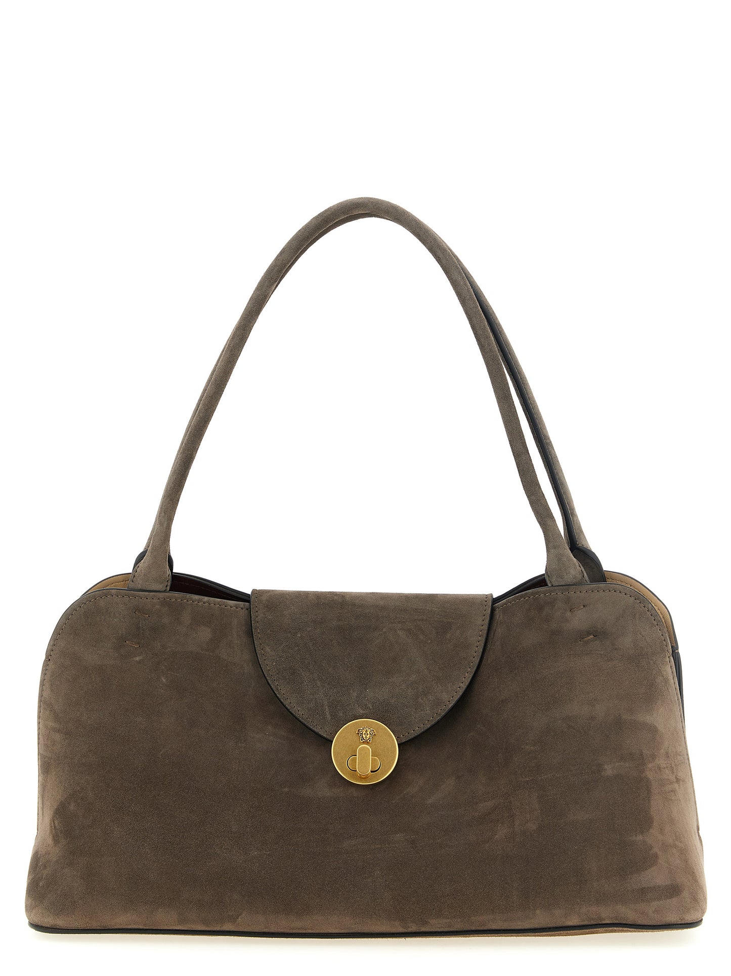 Medium Shoulder East West Flap Bag by Versace for women in calfskin & lambskin leather brown presents a versatile silhouette, showcasing a secure flap and versatile built-in-compartments with versatile shoulder-strap & handle for a sophisticated look.