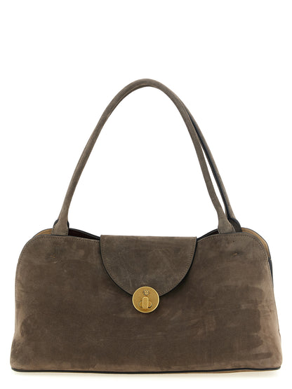 Medium Shoulder East West Flap Bag by Versace for women in calfskin & lambskin leather brown presents a versatile silhouette, showcasing a secure flap and versatile built-in-compartments with versatile shoulder-strap & handle for a sophisticated look.