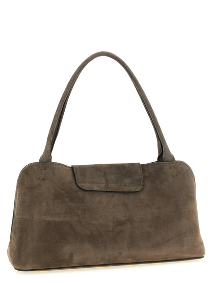 Medium Shoulder East West Flap Bag by Versace for women in calfskin & lambskin leather brown showcases a enviable silhouette, artfully detailed with a secure flap, organized built-in-compartments, and versatile shoulder-strap & handle for a enviable look.