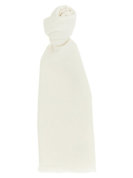 Scarf by Brunello Cucinelli for women in silk cashmere & sequins white showcases a warm silhouette from the Silk Cashmere & Sequins Scarf collection, offering a warm drape that exudes sophisticated luxury.