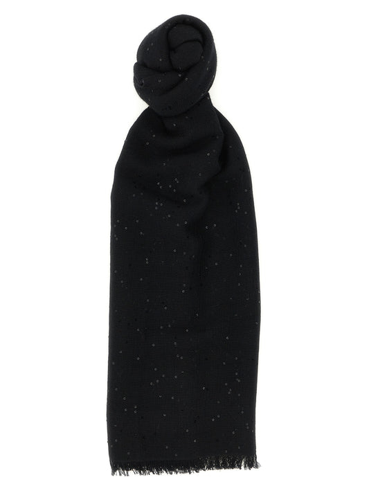 Scarf by Brunello Cucinelli for women in silk cashmere & sequins black features a timeless silhouette, artfully capturing the essence of the timeless Silk Cashmere & Sequins Scarf design for a sophisticated look.