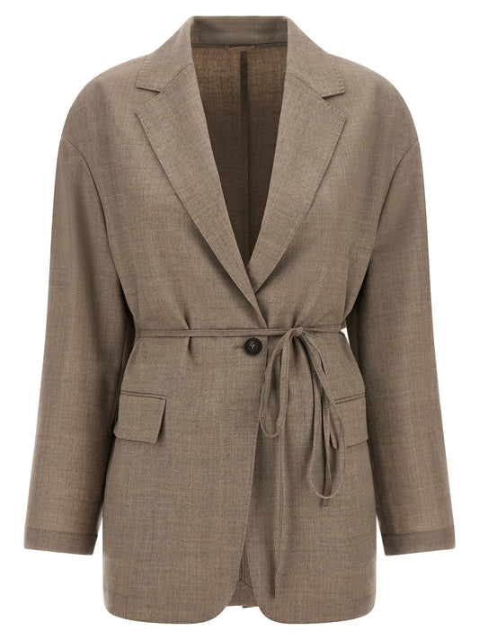 Blazer by Brunello Cucinelli for women in virgin wool beige, horn & patterned features an sartorial silhouette, showcasing a sophisticated split neckline and sartorial for a truly sartorial finish.