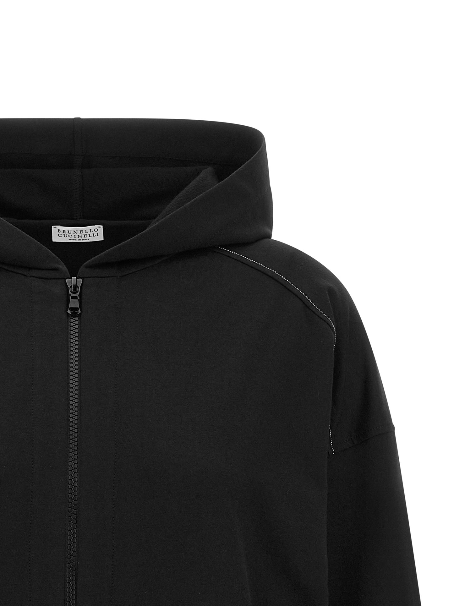 Sweatshirt Hoodie by Brunello Cucinelli for women in stretch cotton black features an avant-garde silhouette, showcasing a sophisticated hooded neckline and detail for a truly avant-garde finish.