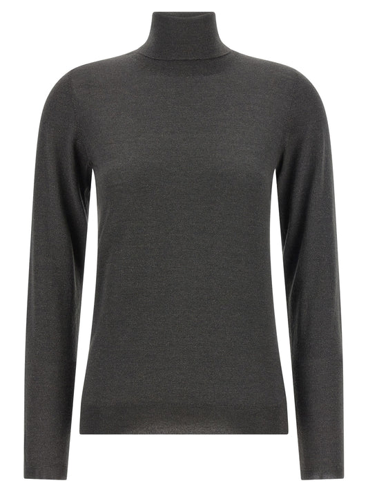 Cardigan by Brunello Cucinelli for women in nylon silk & cashmere gray features a nuanced silhouette with a refined turtle high-neck neckline and nuanced detailing for a sophisticated look.
