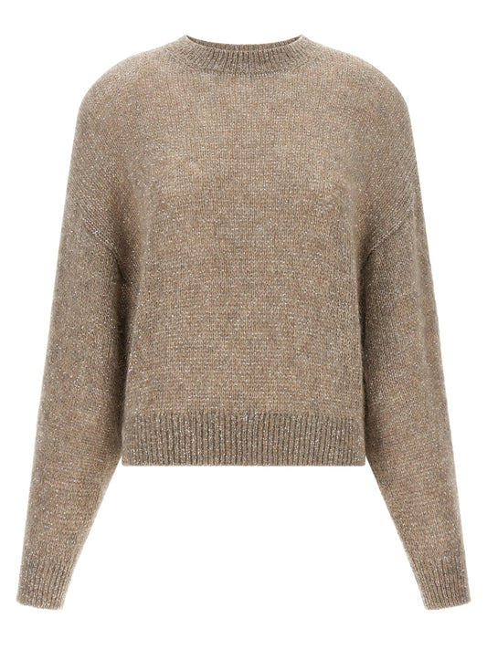Cardigan by Brunello Cucinelli for women in mohair alpaca wool & sequins beige features a dramatic silhouette, showcasing a sophisticated wrap crew neckline and dramatic long-sleeve detail for a timeless, premium look.