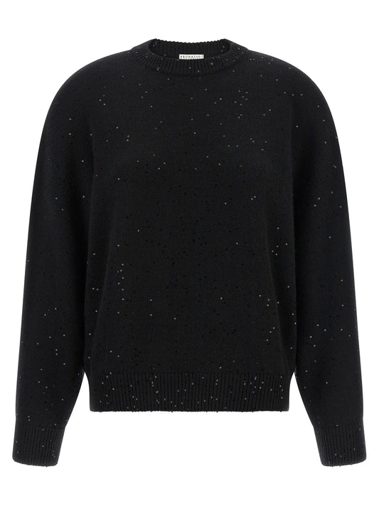Cardigan by Brunello Cucinelli for women in silk cashmere & sequins black presents a textural silhouette, artfully finished with a textural crew neckline and long-sleeve for a sophisticated, textural look.