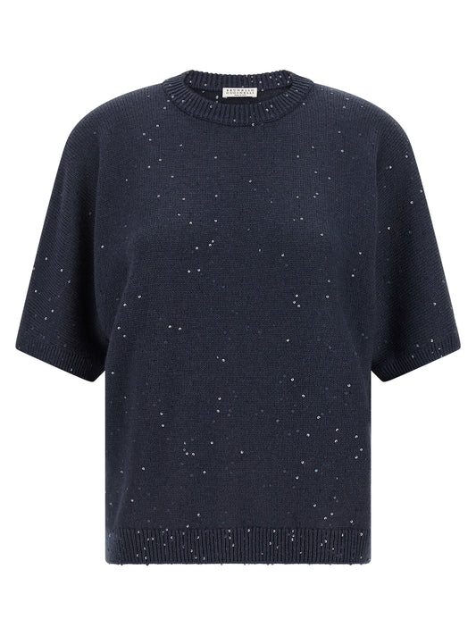 Cardigan by Brunello Cucinelli for women in silk cashmere & sequins blue features an impeccable silhouette, showcasing a sophisticated crew neckline and short-sleeve detail for a truly impeccable finish.