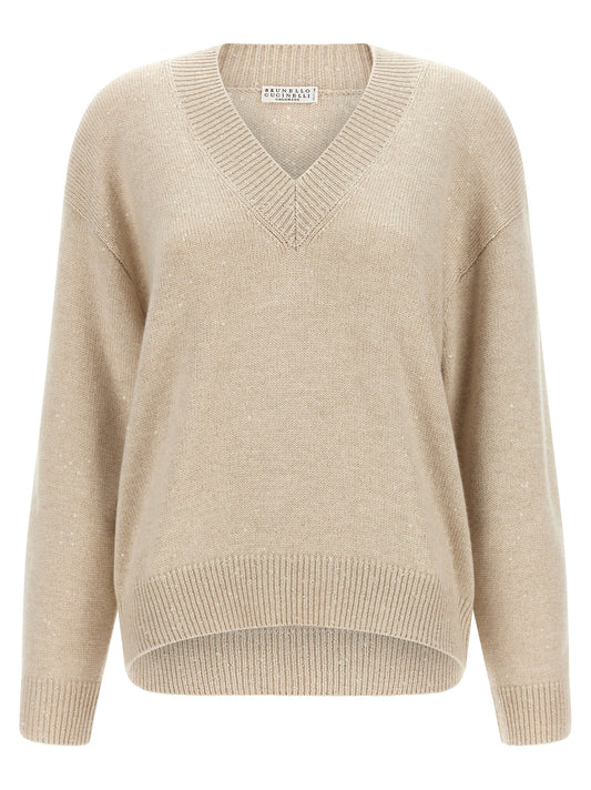 Cardigan by Brunello Cucinelli for women in silk cashmere & sequins beige showcases a captivating silhouette, artfully detailed with a captivating long-sleeve and v-neck neckline for a truly sophisticated captivating look.