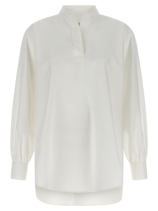 Shirt by Valentino Garavani for women in cotton white showcases a sleek silhouette, elegantly detailed with a sleek v-neck high-neck neckline and long-sleeve for a sleek finish.