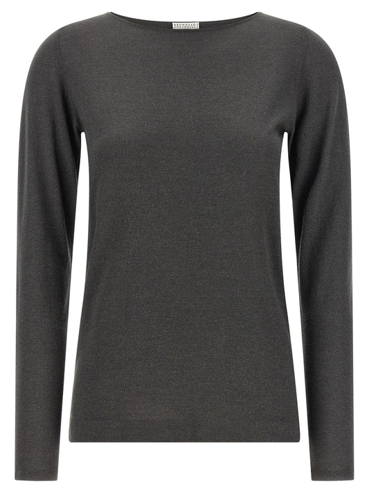Cardigan by Brunello Cucinelli for women in silk cashmere & polyester gray features an impeccable silhouette, showcasing a sophisticated boat neckline and long-sleeve detail for a truly impeccable finish.
