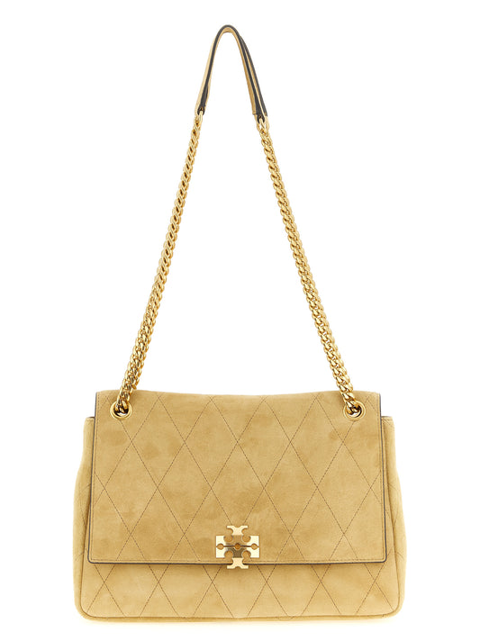 Medium Shoulder Flap Bag by Tory Burch for women in suede calfskin leather beige features a enviable silhouette, showcasing a secure flap & magnetic, ample , and enviable shoulder-strap for a enviable finish.